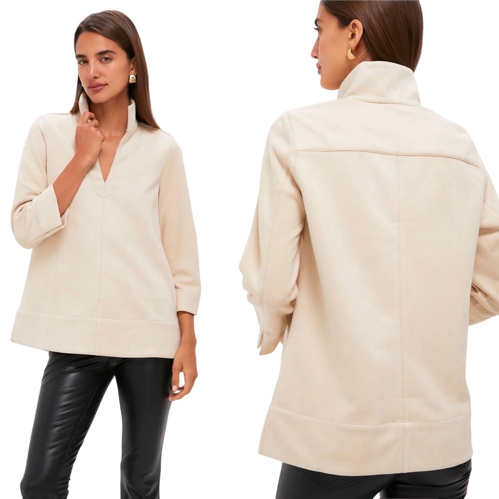 Tuckernuck Bone Faux Suede Margot Stand Collar Tunic Top V-Neck Beige Large
